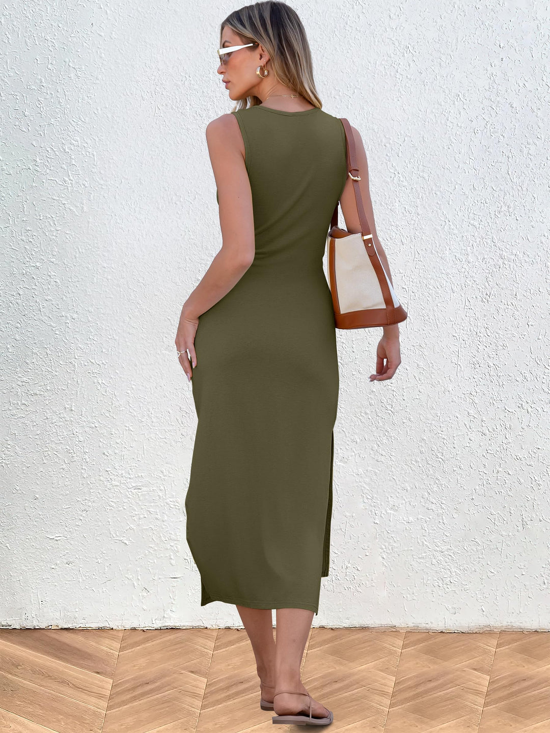 ANRABESS Maxi Dresses for Women 2026 Summer Tie Waist Split Midi Dresses Sleeveless Crewneck Slim Fit Long Tank Dress Casual Travel Beach Tshirt Dress