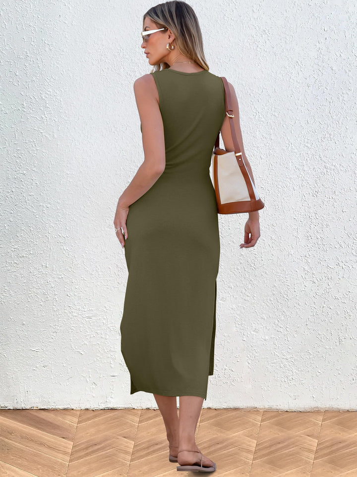 ANRABESS Maxi Dresses for Women 2026 Summer Tie Waist Split Midi Dresses Sleeveless Crewneck Slim Fit Long Tank Dress Casual Travel Beach Tshirt Dress