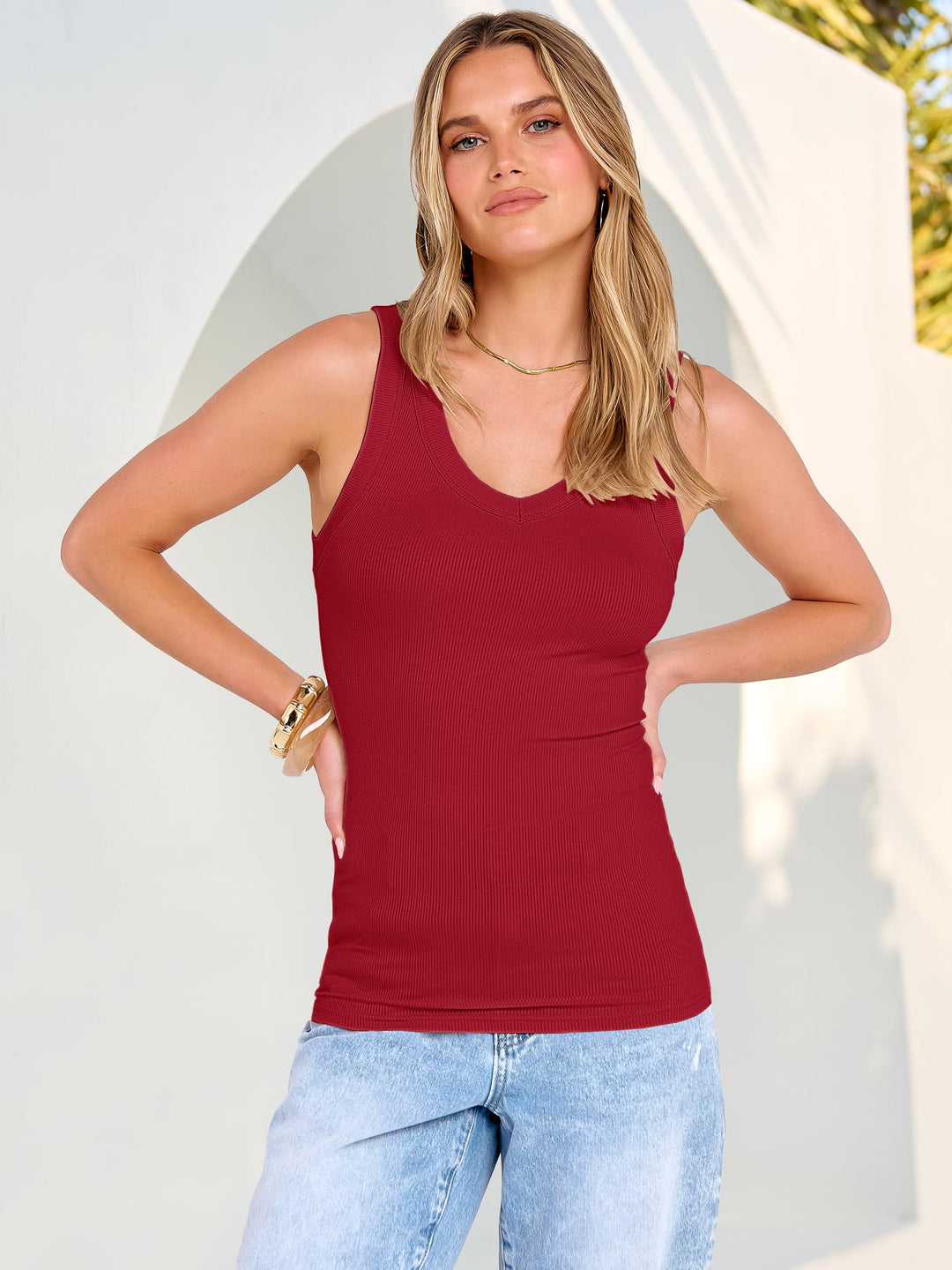ANRABESS Womens Tank Tops 2026 Ribbed V Neck Summer Tops Basic Slim Fitted Sleeveless T Shirts Soft Knit Cami Tee Casual Layering Shirts