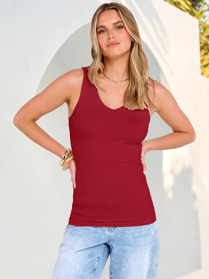 ANRABESS Womens Tank Tops 2026 Ribbed V Neck Summer Tops Basic Slim Fitted Sleeveless T Shirts Soft Knit Cami Tee Casual Layering Shirts