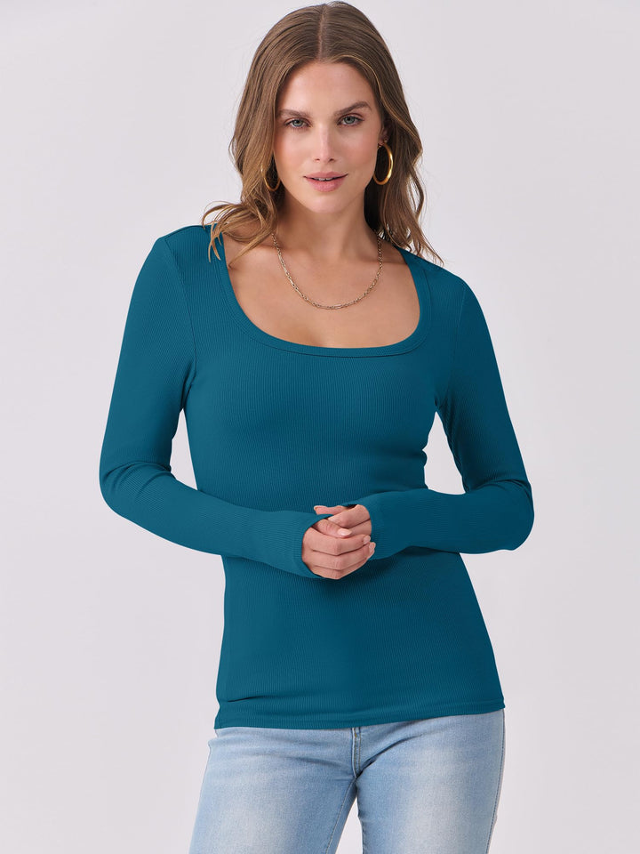 ANRABESS Long Sleeve Shirts for Women Ribbed Knit Slim Fitted Casual Tops Scoop Neck Basic Tee Spring Fall Fashion Clothes