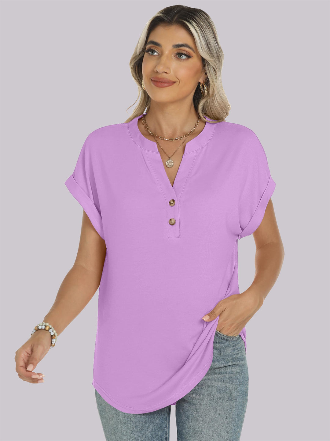 ANRABESS Womens Short Sleeve Henley Tops V Neck Dressy Casual Blouses Summer Trendy Tee Shirts 2026 Vacation Fashion Clothes