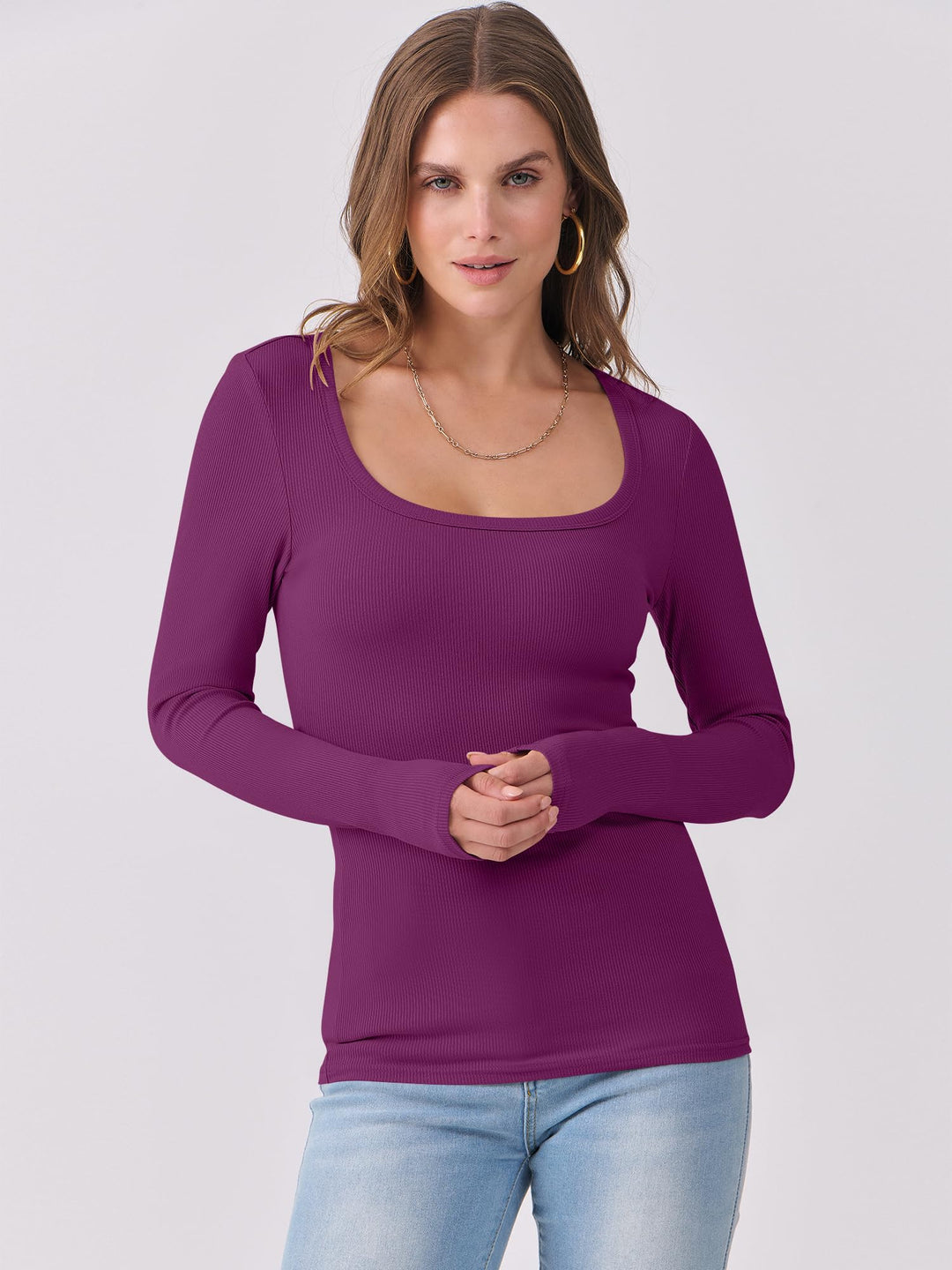 ANRABESS Long Sleeve Shirts for Women Ribbed Knit Slim Fitted Casual Tops Scoop Neck Basic Tee Spring Fall Fashion Clothes