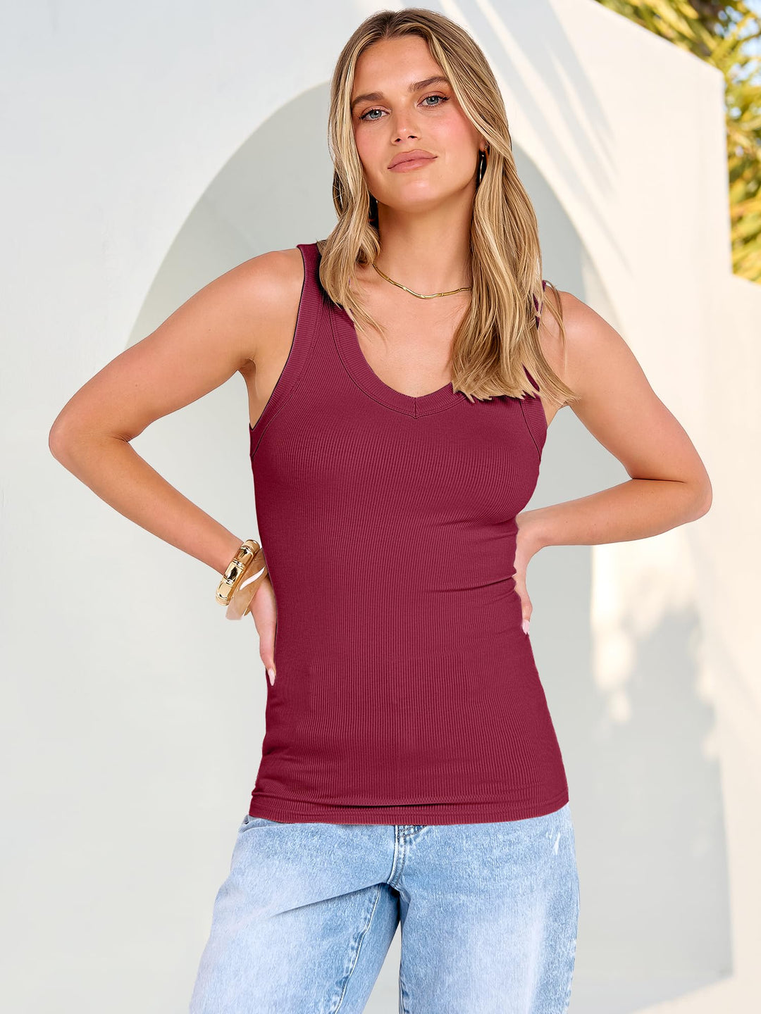ANRABESS Womens Tank Tops 2026 Ribbed V Neck Summer Tops Basic Slim Fitted Sleeveless T Shirts Soft Knit Cami Tee Casual Layering Shirts