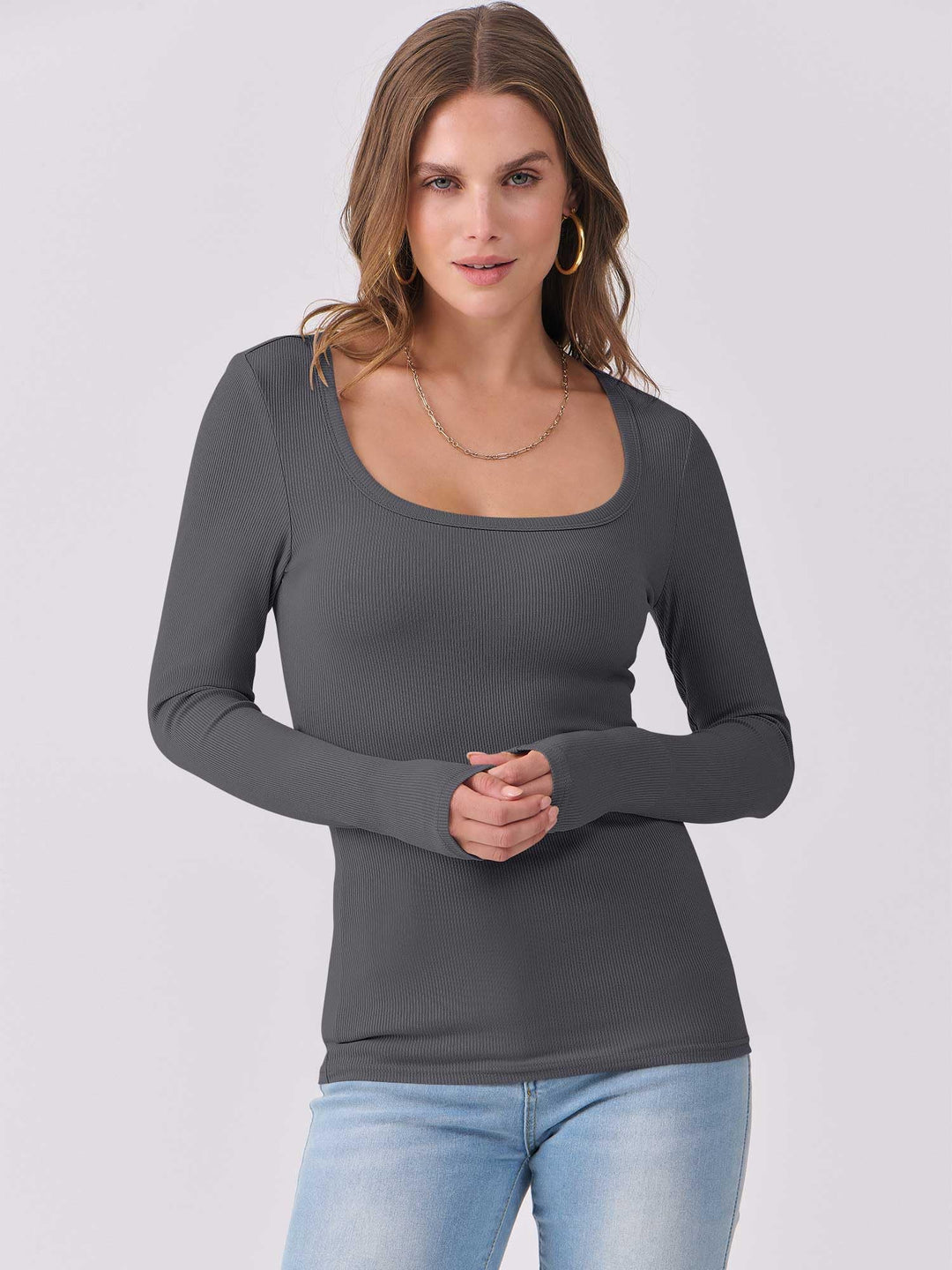 ANRABESS Long Sleeve Shirts for Women Ribbed Knit Slim Fitted Casual Tops Scoop Neck Basic Tee Spring Fall Fashion Clothes