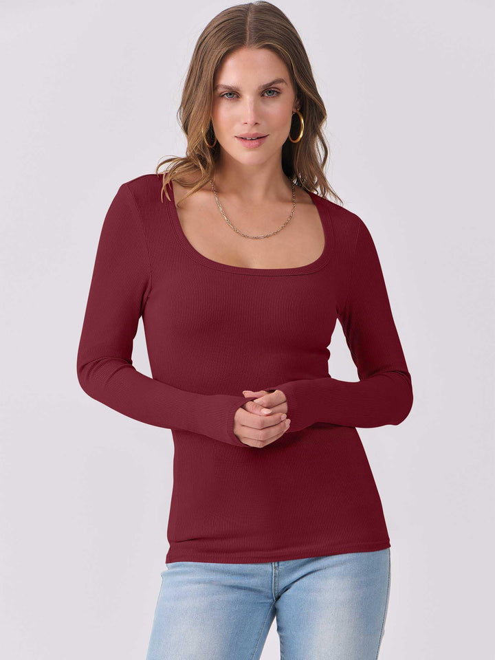 ANRABESS Long Sleeve Shirts for Women Ribbed Knit Slim Fitted Casual Tops Scoop Neck Basic Tee Spring Fall Fashion Clothes