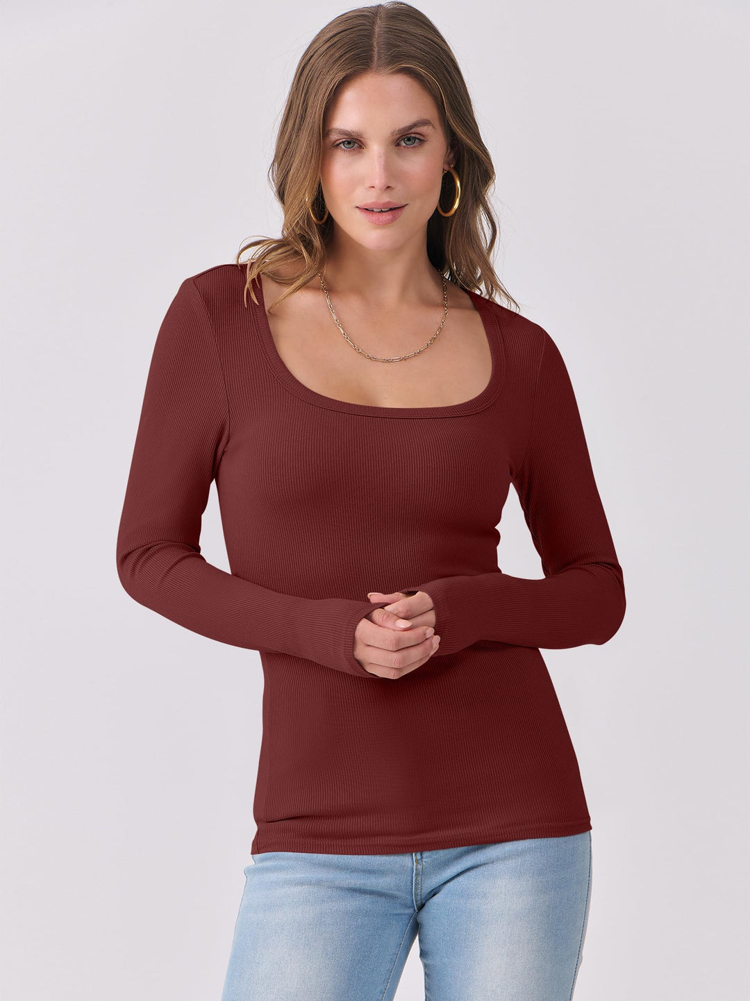 ANRABESS Long Sleeve Shirts for Women Ribbed Knit Slim Fitted Casual Tops Scoop Neck Basic Tee Spring Fall Fashion Clothes