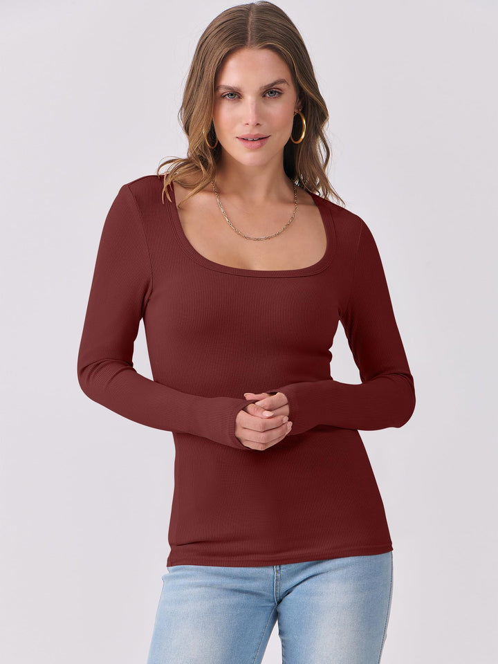 ANRABESS Long Sleeve Shirts for Women Ribbed Knit Slim Fitted Casual Tops Scoop Neck Basic Tee Spring Fall Fashion Clothes