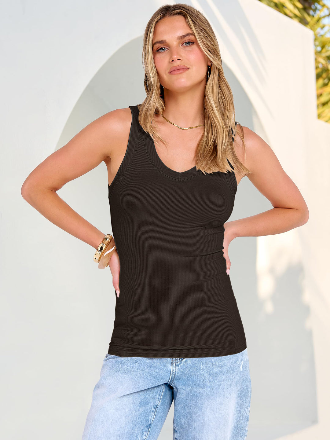 ANRABESS Womens Tank Tops 2026 Ribbed V Neck Summer Tops Basic Slim Fitted Sleeveless T Shirts Soft Knit Cami Tee Casual Layering Shirts