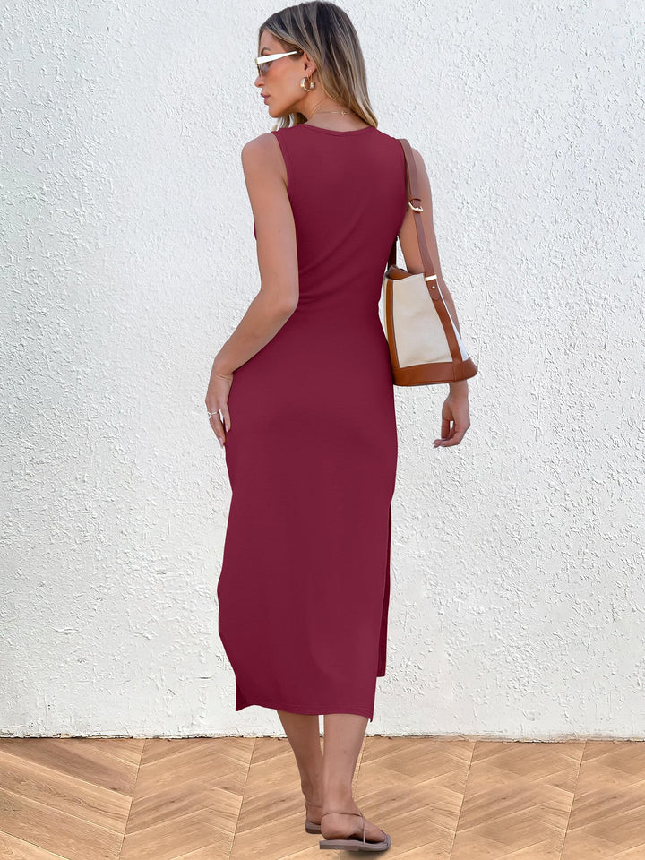 ANRABESS Maxi Dresses for Women 2026 Summer Tie Waist Split Midi Dresses Sleeveless Crewneck Slim Fit Long Tank Dress Casual Travel Beach Tshirt Dress