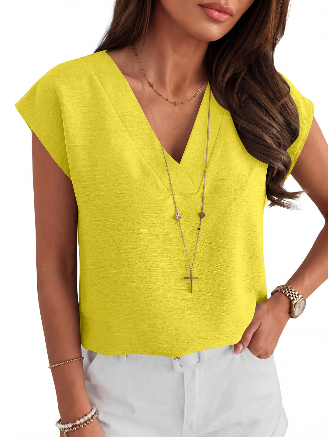 ANRABESS Women Tops V Neck T Shirts Cap Sleeve Business Casual Tops for Women Summer Loose Fit Dressy Work Office Blouses Cute Clothes Trendy Outfits