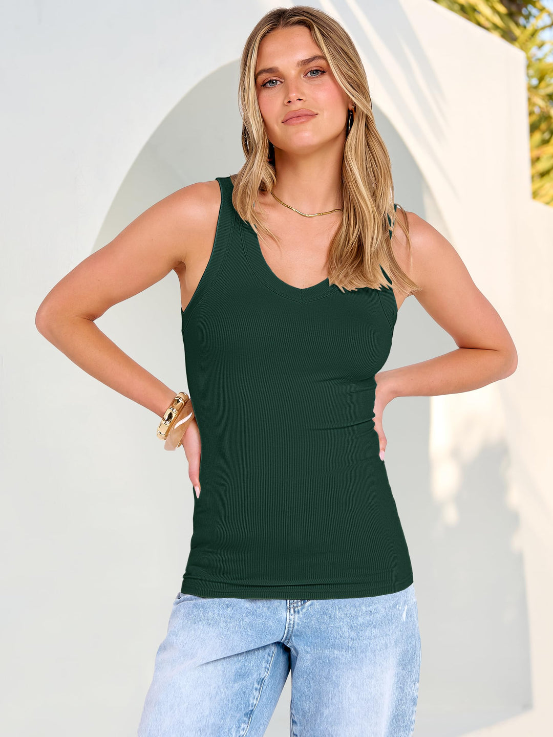 ANRABESS Womens Tank Tops 2026 Ribbed V Neck Summer Tops Basic Slim Fitted Sleeveless T Shirts Soft Knit Cami Tee Casual Layering Shirts