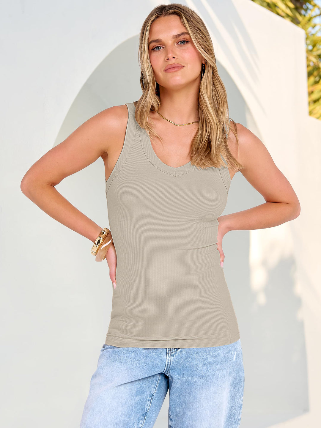 ANRABESS Womens Tank Tops 2026 Ribbed V Neck Summer Tops Basic Slim Fitted Sleeveless T Shirts Soft Knit Cami Tee Casual Layering Shirts
