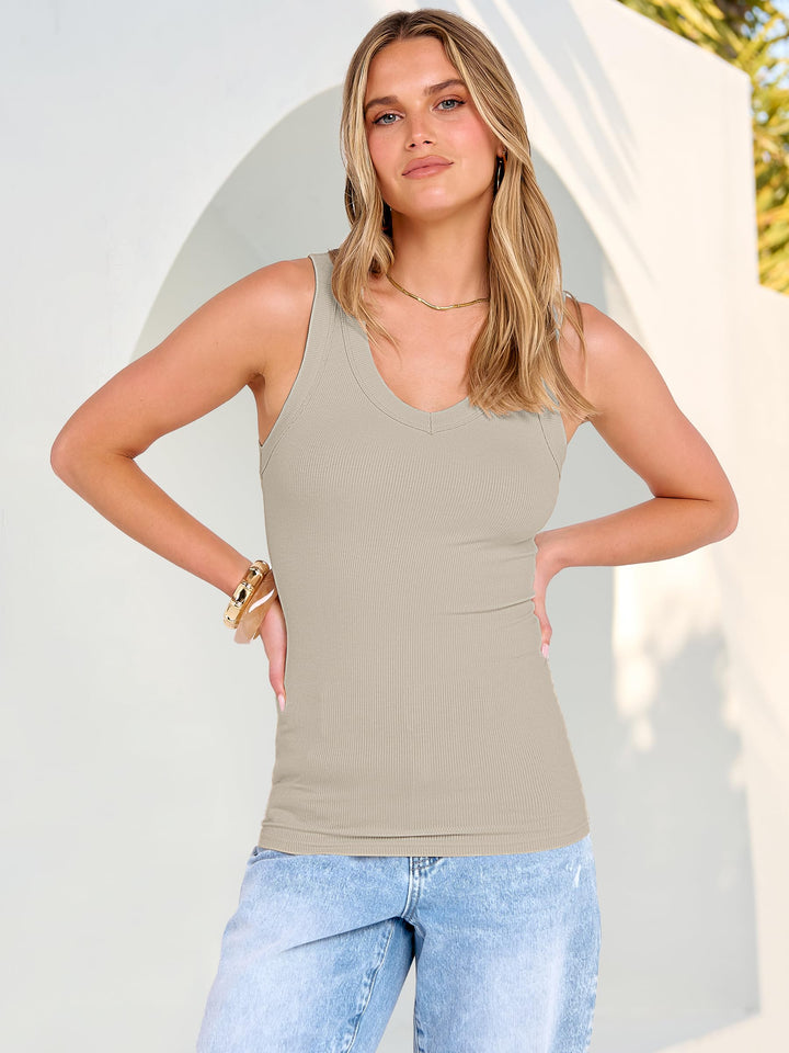 ANRABESS Womens Tank Tops 2026 Ribbed V Neck Summer Tops Basic Slim Fitted Sleeveless T Shirts Soft Knit Cami Tee Casual Layering Shirts