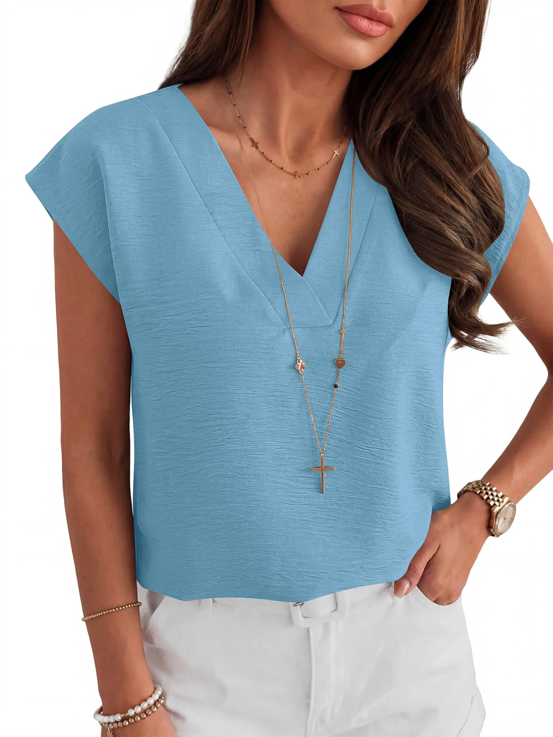 ANRABESS Women Tops V Neck T Shirts Cap Sleeve Business Casual Tops for Women Summer Loose Fit Dressy Work Office Blouses Cute Clothes Trendy Outfits