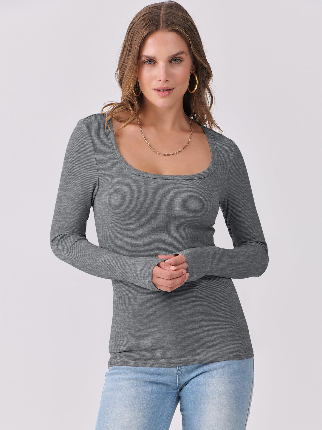 ANRABESS Long Sleeve Shirts for Women Ribbed Knit Slim Fitted Casual Tops Scoop Neck Basic Tee Spring Fall Fashion Clothes