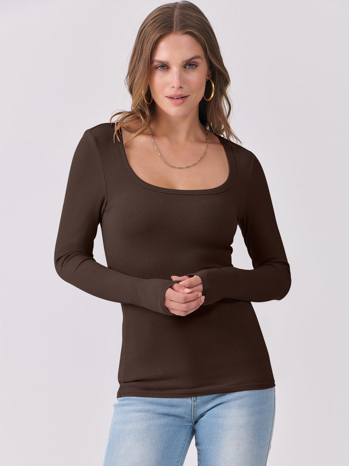 ANRABESS Long Sleeve Shirts for Women Ribbed Knit Slim Fitted Casual Tops Scoop Neck Basic Tee Spring Fall Fashion Clothes