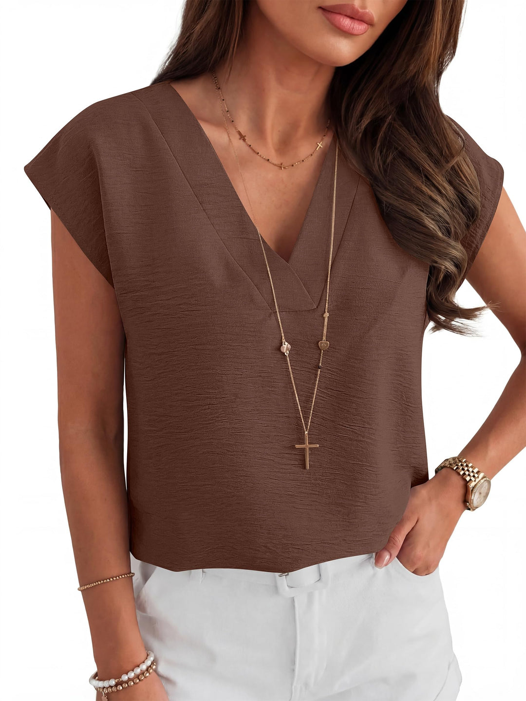 ANRABESS Women Tops V Neck T Shirts Cap Sleeve Business Casual Tops for Women Summer Loose Fit Dressy Work Office Blouses Cute Clothes Trendy Outfits