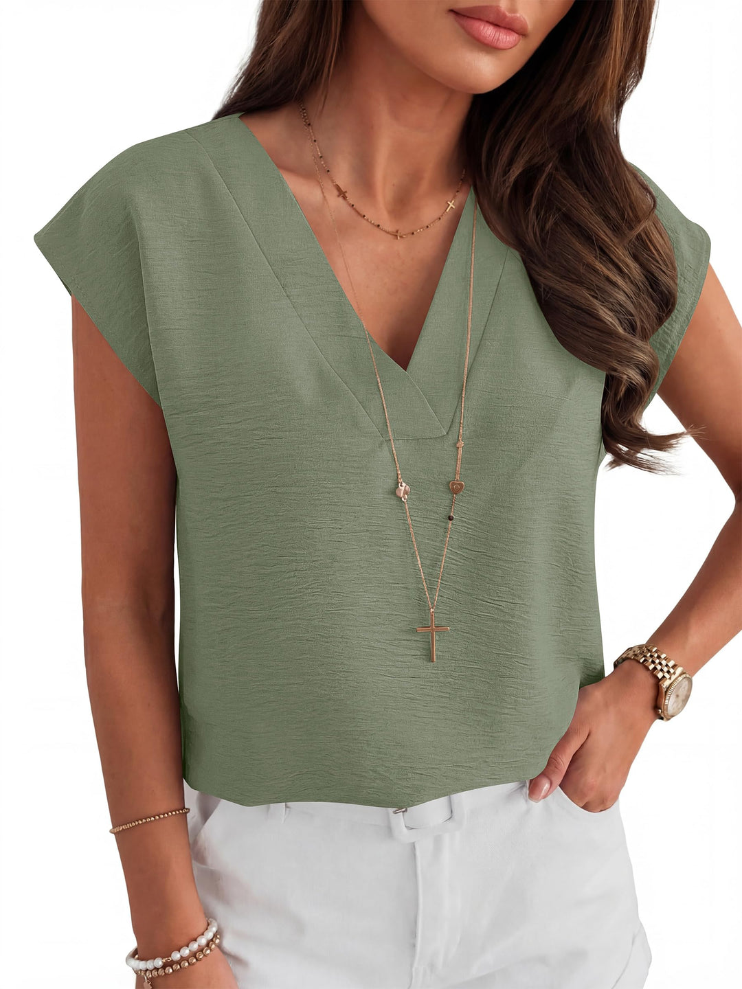 ANRABESS Women Tops V Neck T Shirts Cap Sleeve Business Casual Tops for Women Summer Loose Fit Dressy Work Office Blouses Cute Clothes Trendy Outfits