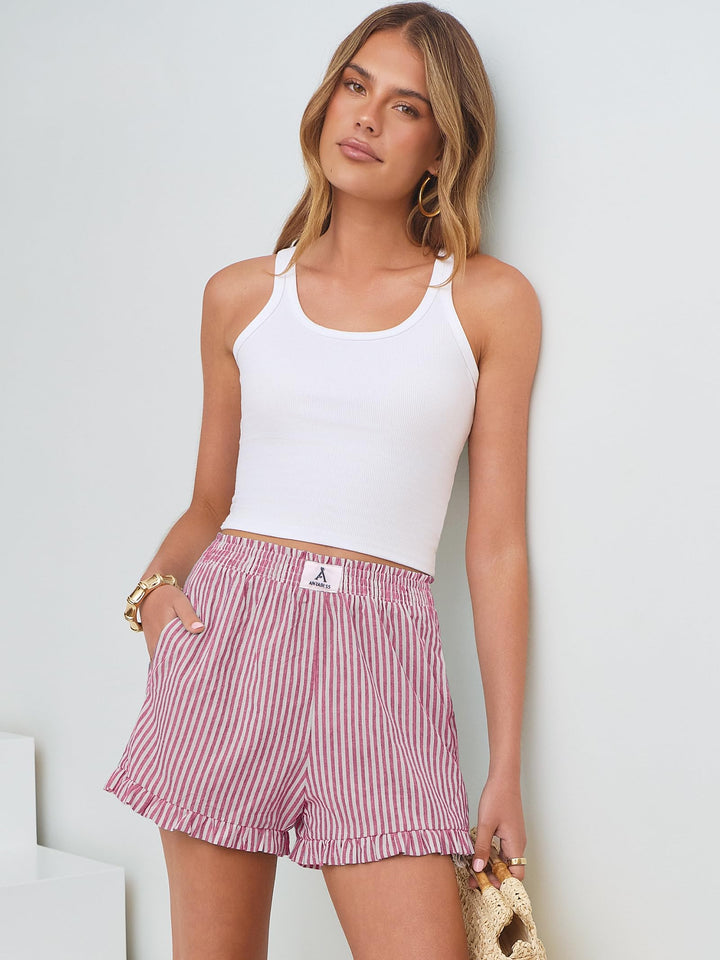 ANRABESS Womens Ruffle Boxer Shorts Pajama Gingham Shorts Summer Casual Lounge Sleep Plaid Beach Bottoms Pockets 2026 Trendy