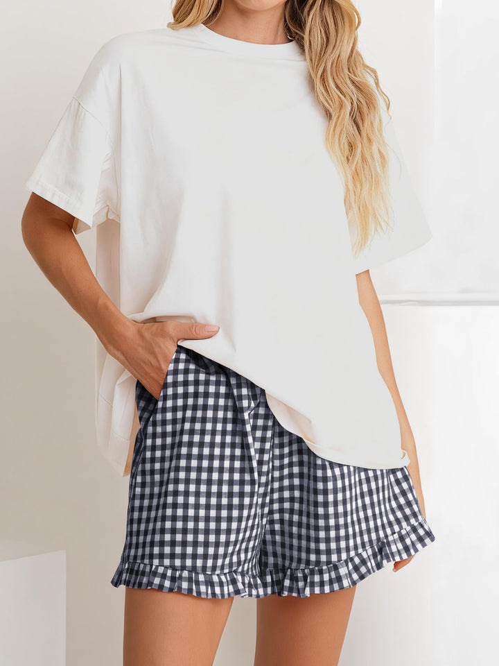 ANRABESS Womens Ruffle Boxer Shorts Pajama Gingham Shorts Summer Casual Lounge Sleep Plaid Beach Bottoms Pockets 2026 Trendy