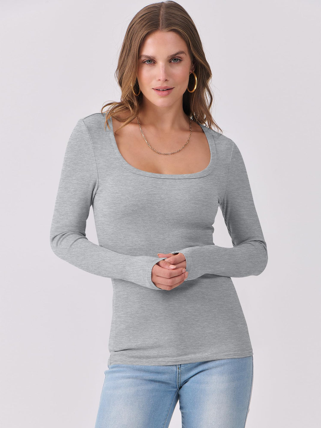 ANRABESS Long Sleeve Shirts for Women Ribbed Knit Slim Fitted Casual Tops Scoop Neck Basic Tee Spring Fall Fashion Clothes