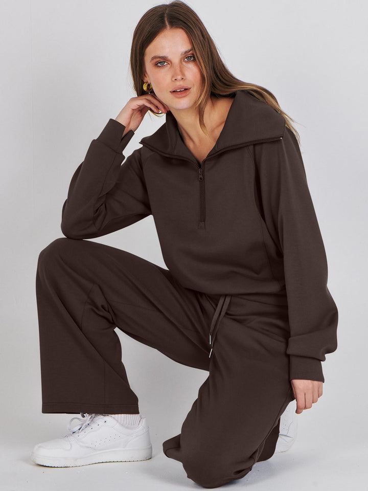 ANRABESS 2 Piece Outfits for Women Half Zip Sweatshirt & Wide Leg Pants Airport Travel Lounge Matching Fall Winter Sets Sweatsuits Clothing