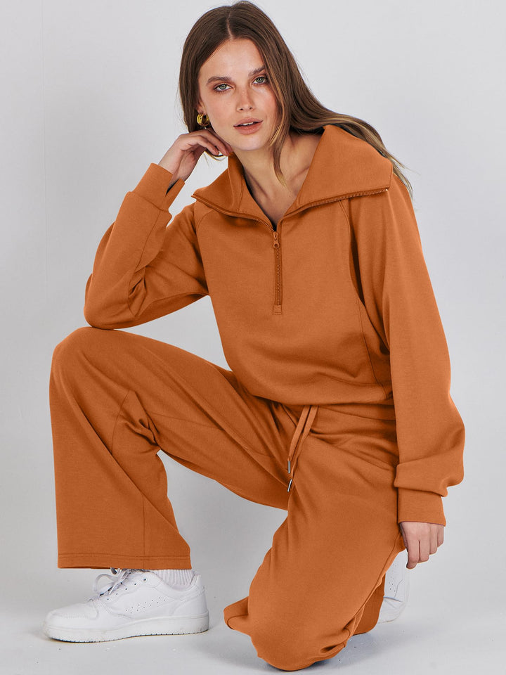 ANRABESS 2 Piece Outfits for Women Half Zip Sweatshirt & Wide Leg Pants Airport Travel Lounge Matching Fall Winter Sets Sweatsuits Clothing