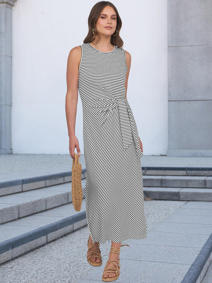 ANRABESS Maxi Dresses for Women 2026 Summer Tie Waist Split Midi Dresses Sleeveless Crewneck Slim Fit Long Tank Dress Casual Travel Beach Tshirt Dress