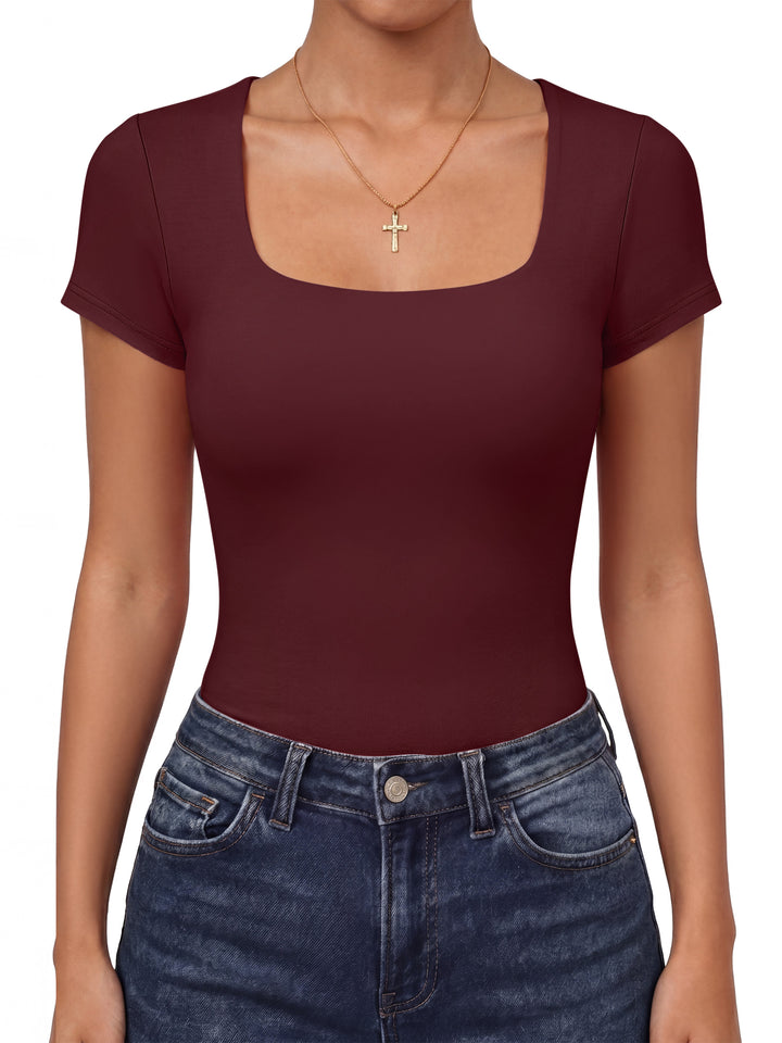ANRABESS Womens Short Sleeve Tops Built in Bra, Square Neck Slim Fit Basic Crop Tee Shirts, 2026 Summer Going Out & Workout