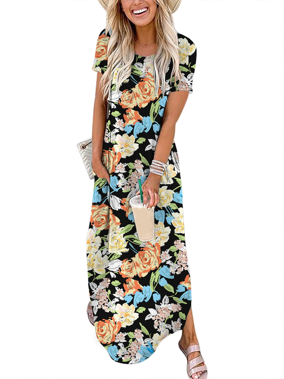 ANRABESS Womens Summer Dress Short Sleeve Maxi T Shirt Dress Loose Casual Beach Sundress with Pockets Side Slit