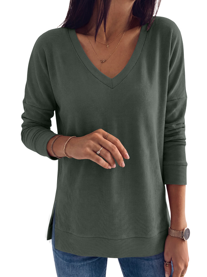 ANRABESS Long Sleeve Shirts for Women, Waffle Knit, V Neck Loose Fit Side Slit, 2026 Fall Sweater Tops for Daily Casual Wear Large