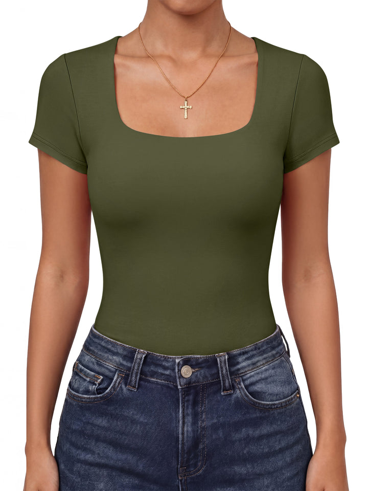 ANRABESS Womens Short Sleeve Tops Built in Bra, Square Neck Slim Fit Basic Crop Tee Shirts, 2026 Summer Going Out & Workout