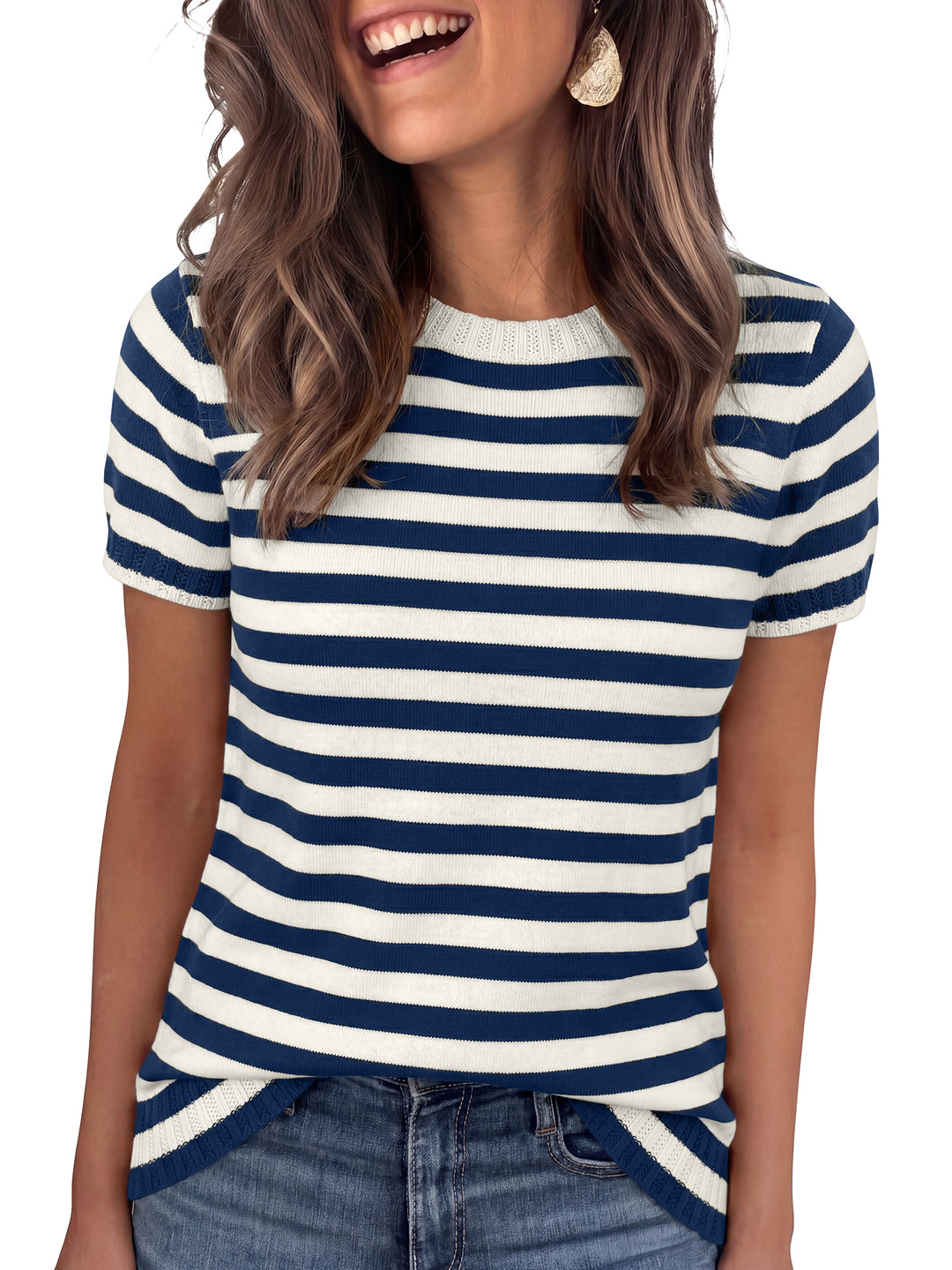 ANRABESS Short Sleeve Sweater for Women Lightweight Crewneck Wool Blend Sweaters Tops Spring Summer Business Casual Outfits