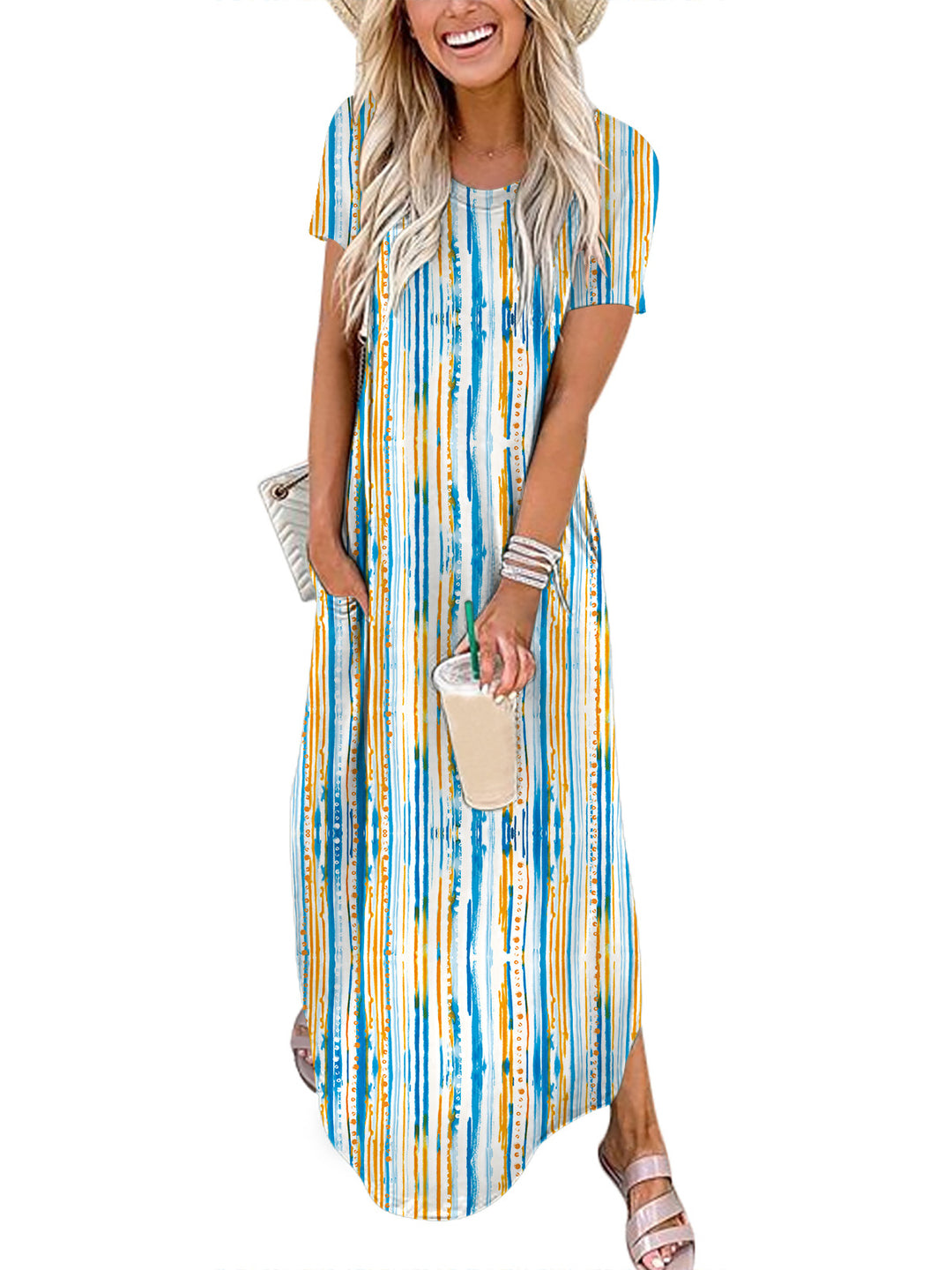 ANRABESS Womens Summer Dress Short Sleeve Maxi T Shirt Dress Loose Casual Beach Sundress with Pockets Side Slit