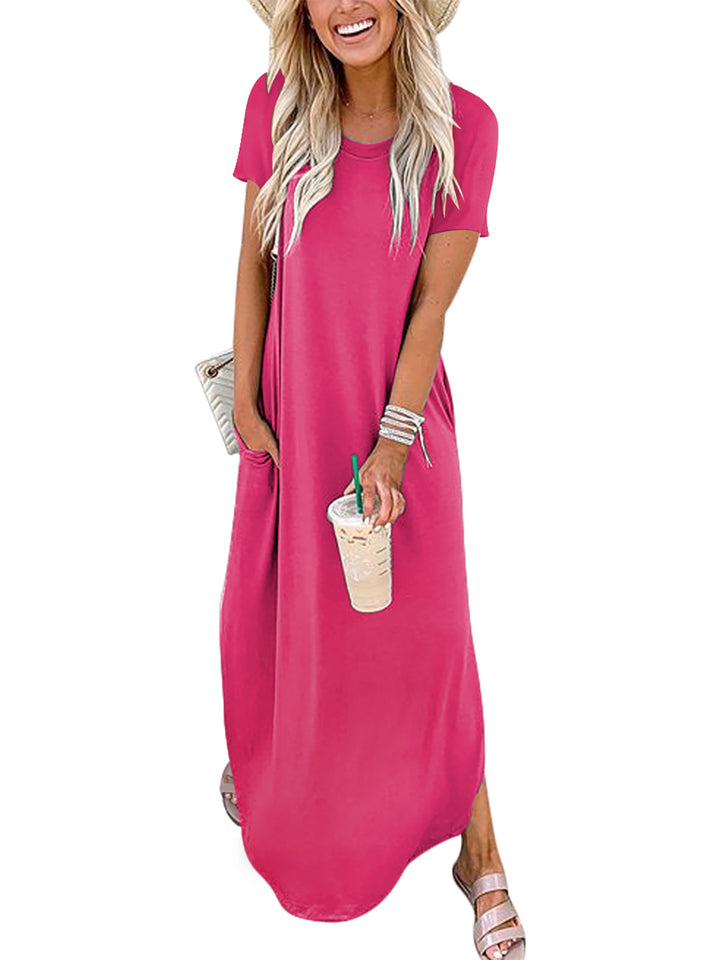ANRABESS Womens Summer Dress Short Sleeve Maxi T Shirt Dress Loose Casual Beach Sundress with Pockets Side Slit