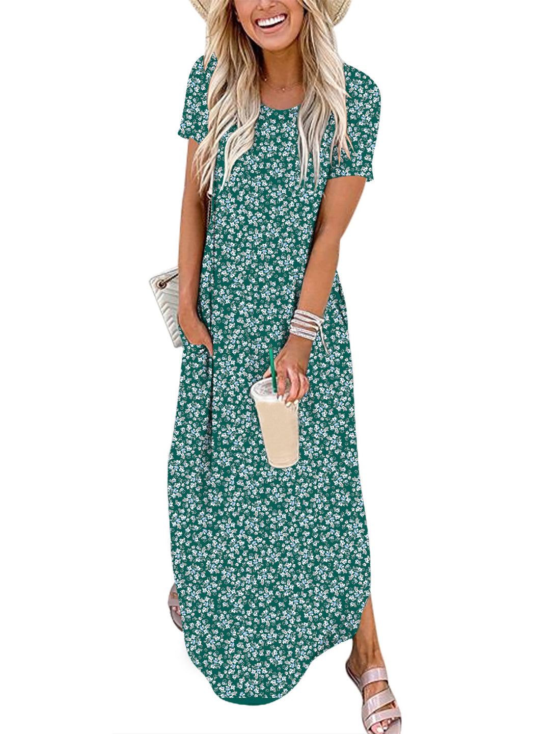 ANRABESS Womens Summer Dress Short Sleeve Maxi T Shirt Dress Loose Casual Beach Sundress with Pockets Side Slit