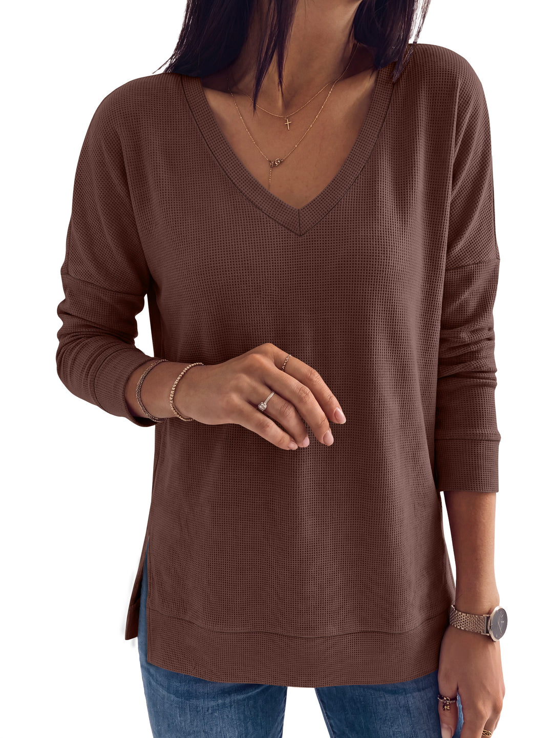 ANRABESS Long Sleeve Shirts for Women, Waffle Knit, V Neck Loose Fit Side Slit, 2026 Fall Sweater Tops for Daily Casual Wear Large