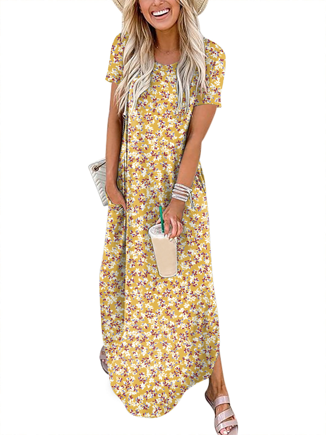 ANRABESS Womens Summer Dress Short Sleeve Maxi T Shirt Dress Loose Casual Beach Sundress with Pockets Side Slit