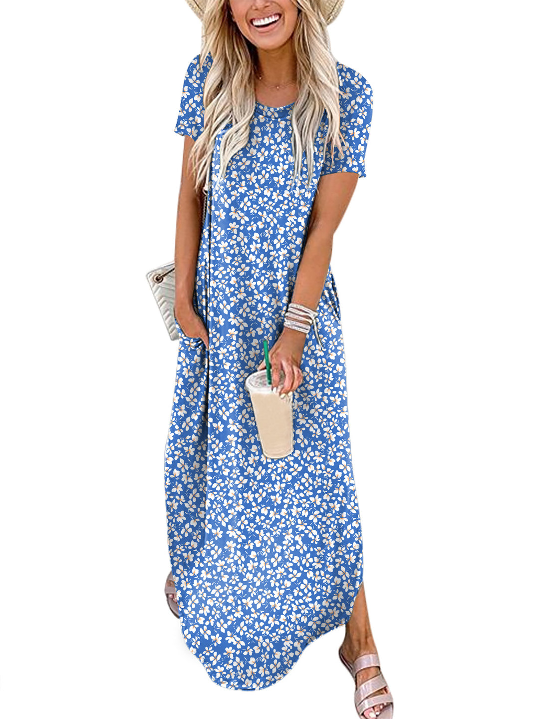 ANRABESS Womens Summer Dress Short Sleeve Maxi T Shirt Dress Loose Casual Beach Sundress with Pockets Side Slit