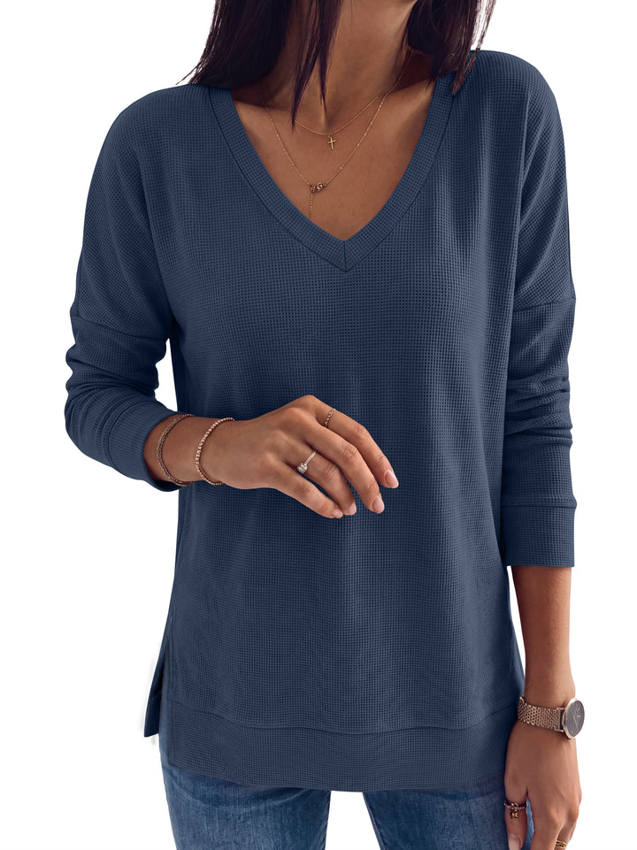 ANRABESS Long Sleeve Shirts for Women, Waffle Knit, V Neck Loose Fit Side Slit, 2026 Fall Sweater Tops for Daily Casual Wear Large