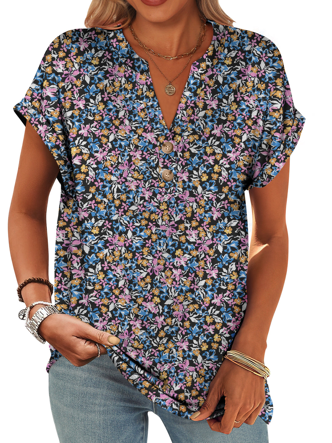 ANRABESS Womens Short Sleeve Henley Tops V Neck Dressy Casual Blouses Summer Trendy Tee Shirts 2026 Vacation Fashion Clothes