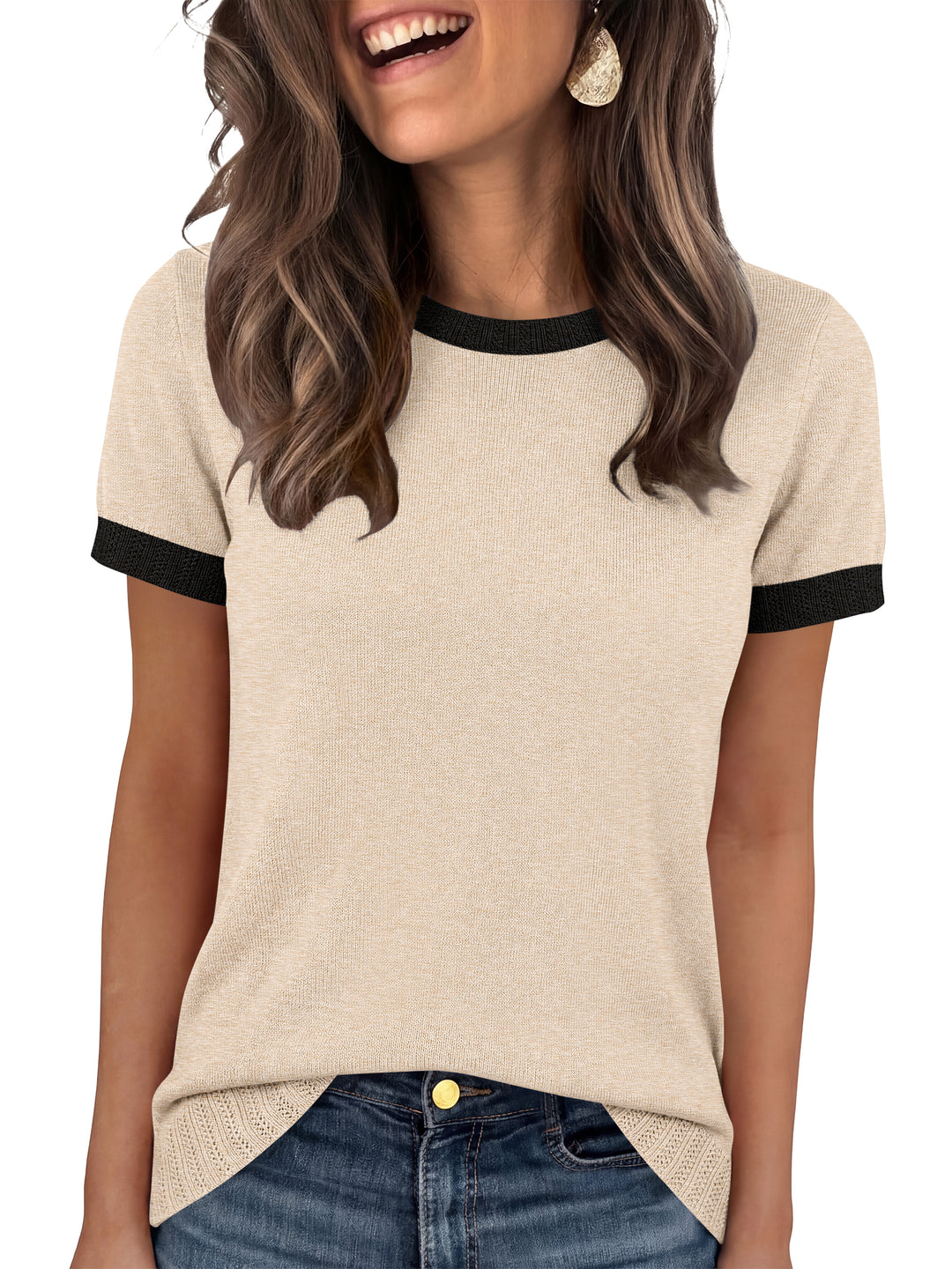 ANRABESS Short Sleeve Sweater for Women Lightweight Crewneck Wool Blend Sweaters Tops Spring Summer Business Casual Outfits