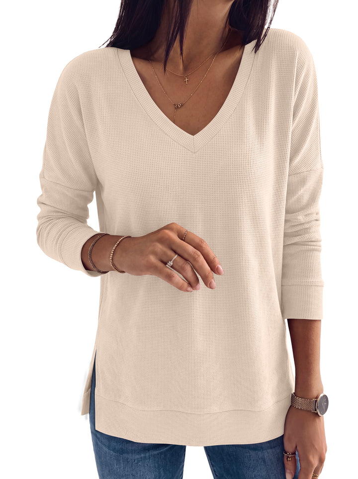 ANRABESS Long Sleeve Shirts for Women, Waffle Knit, V Neck Loose Fit Side Slit, 2026 Fall Sweater Tops for Daily Casual Wear Large