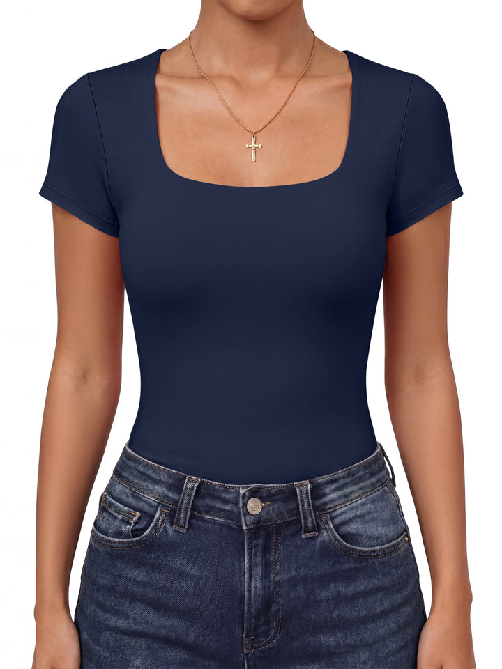 ANRABESS Womens Short Sleeve Tops Built in Bra, Square Neck Slim Fit Basic Crop Tee Shirts, 2026 Summer Going Out & Workout