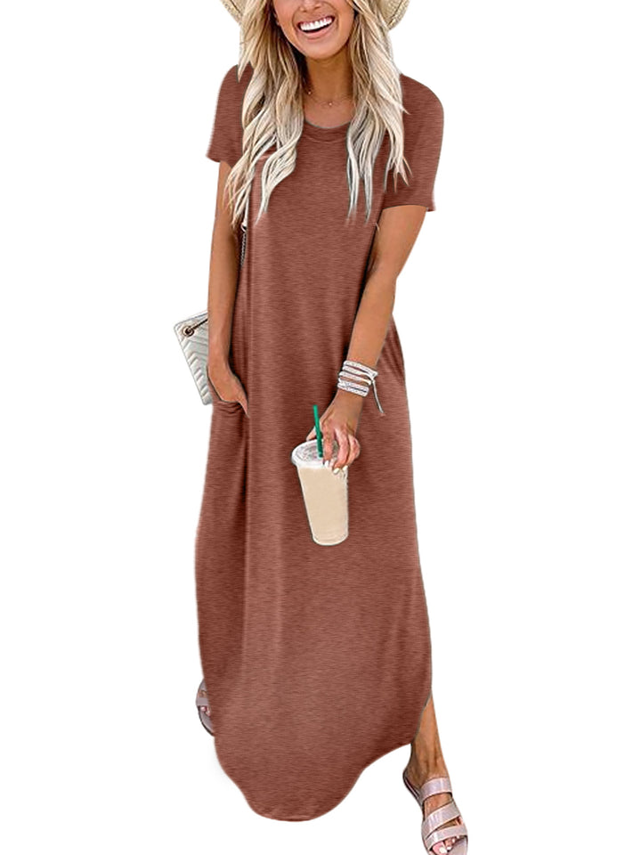 ANRABESS Womens Summer Dress Short Sleeve Maxi T Shirt Dress Loose Casual Beach Sundress with Pockets Side Slit