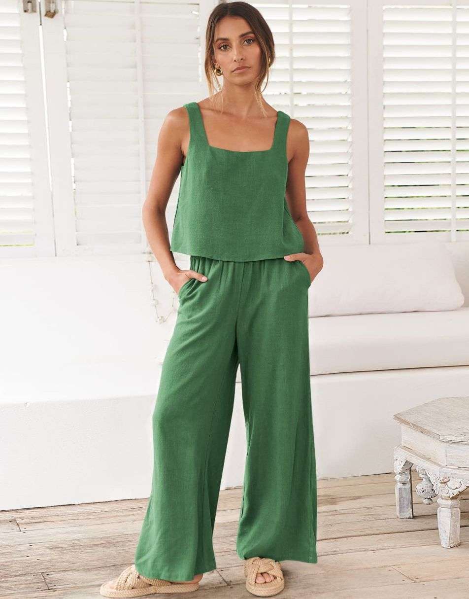ANRABESS Square Neck Sleeveless Crop Top & Pants Set