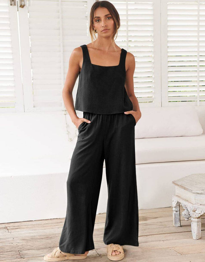ANRABESS Square Neck Sleeveless Crop Top & Pants Set