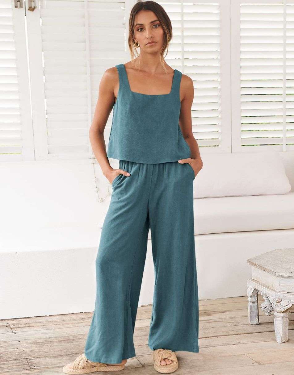 ANRABESS Square Neck Sleeveless Crop Top & Pants Set