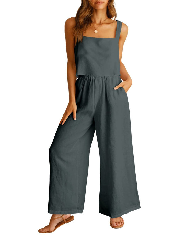 ANRABESS Square Neck Sleeveless Crop Top & Pants Set